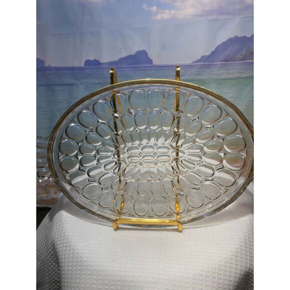 Vintage Jeannette 12" Handled Glass Tray Thumbprint Gold Trim Platter Glassware - Picture 6 of 9